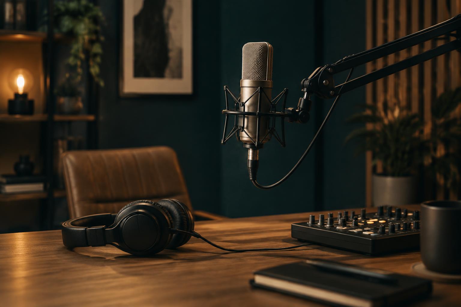 A podcast microphone and headphones on a studio desk